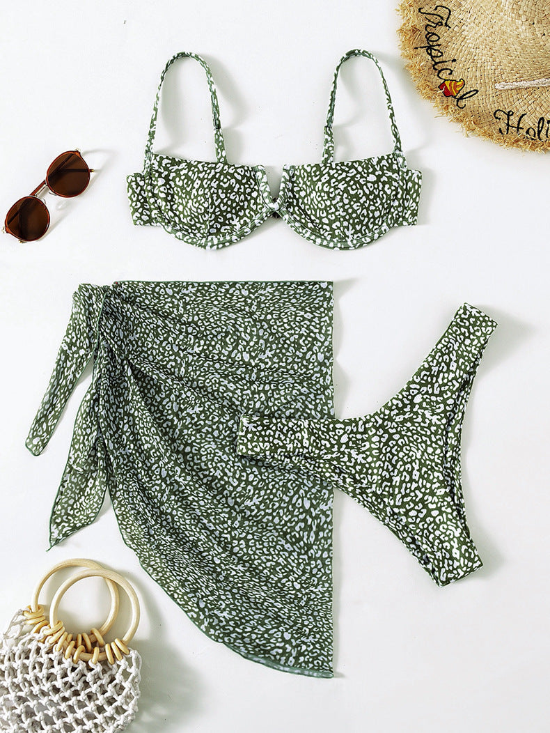 Three-piece Floral Spotted Bikini Beach Dress