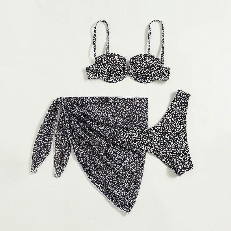 Three-piece Floral Spotted Bikini Beach Dress