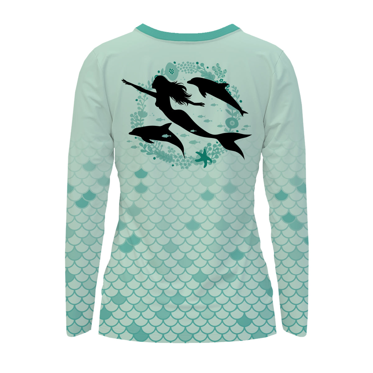 Women's Mermaid & Dolphins Performance Long Sleeve Shirt with Mermaid Scale Background - Made in the USA