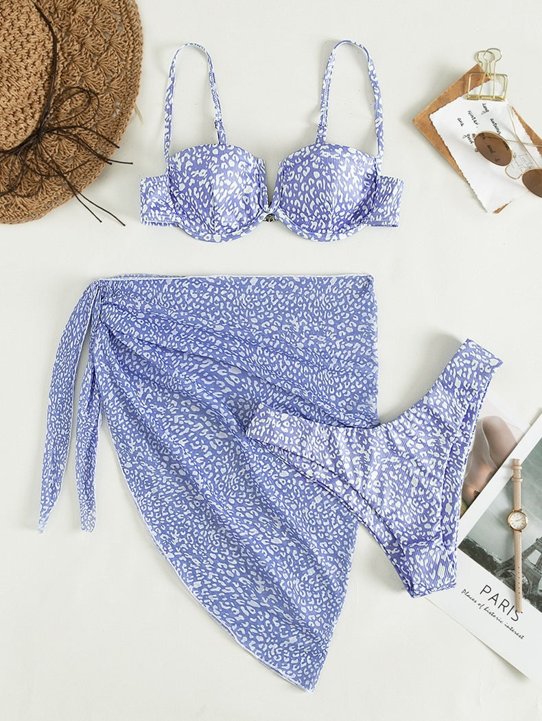 Three-piece Floral Spotted Bikini Beach Dress