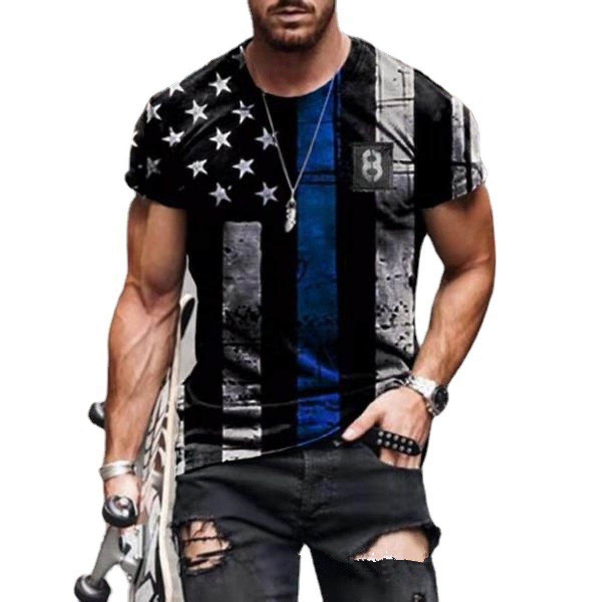 Star And Flag Print Short-sleeved Fashion T-shirt