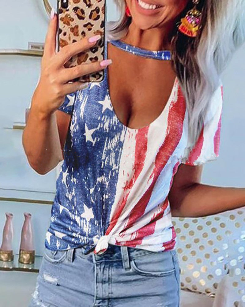 Slanted Shoulder American Flag  Short Sleeve