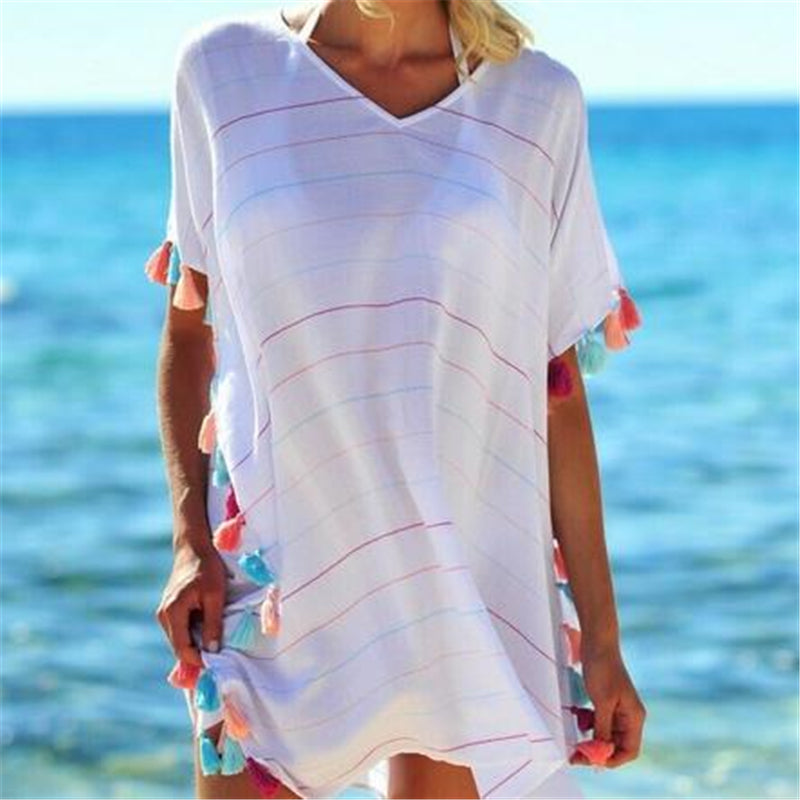 White striped tassel ball beach cover-up