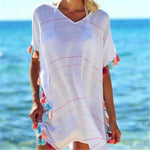 White striped tassel ball beach cover-up