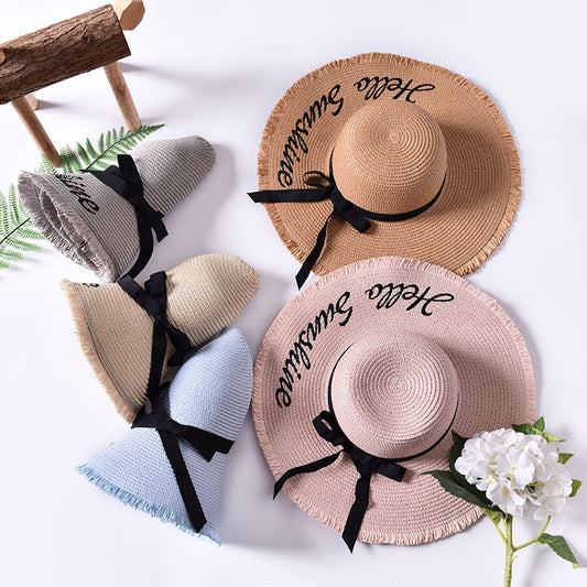 Beach beach big hat embroidered letters raw edge