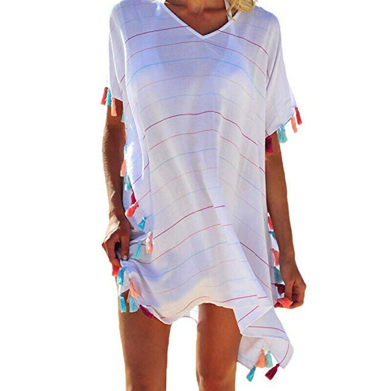 White striped tassel ball beach cover-up