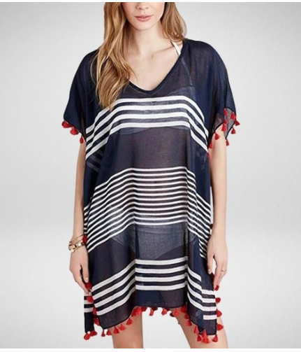 White striped tassel ball beach cover-up