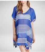 White striped tassel ball beach cover-up