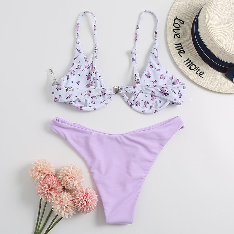 Gathered Bikini New One-piece Pink Flower  Swimsuit