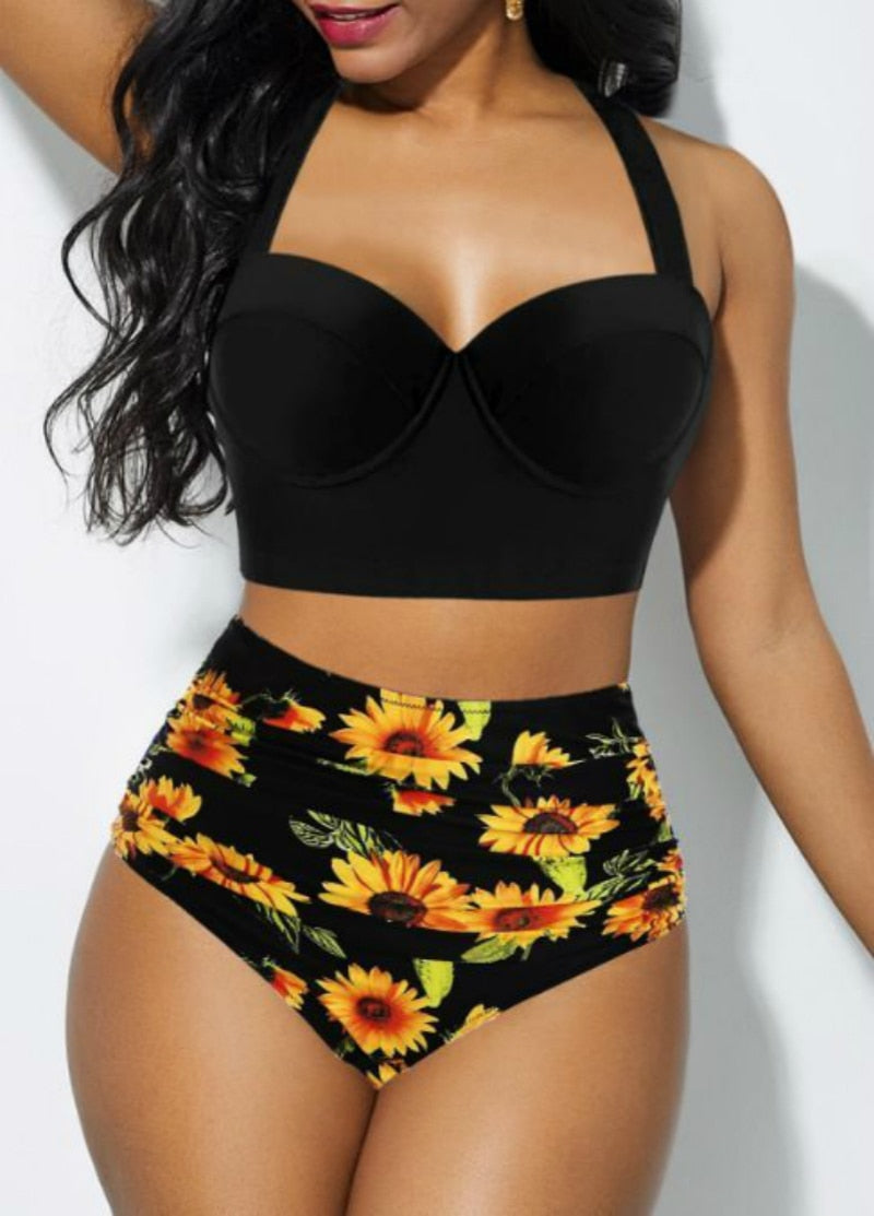 High-Waisted Plus-Size Sexy Sunflower Swimsuit