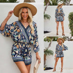 Women's Printed V-Neck Loose Casual Resort Jumpsuit