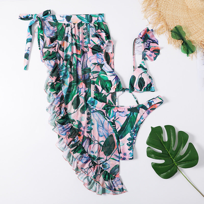 Split Mesh Three-piece Leafy Bikini