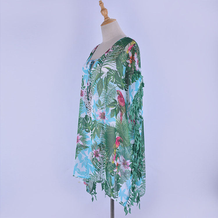 Chiffon Green Bird Printed Beach Cover-up Tassel Vacation Sun Protection Bikini Blouse