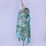 Chiffon Green Bird Printed Beach Cover-up Tassel Vacation Sun Protection Bikini Blouse