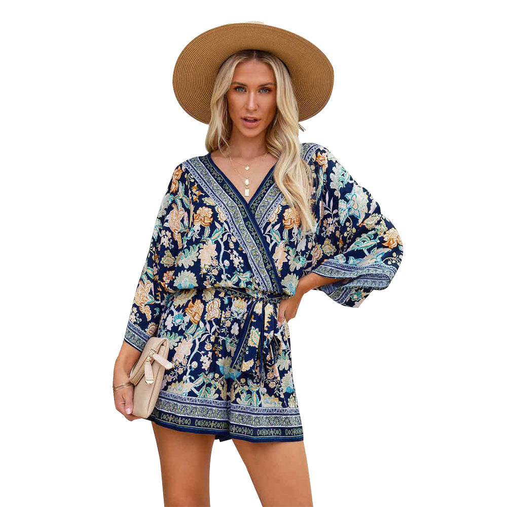 Women's Printed V-Neck Loose Casual Resort Jumpsuit