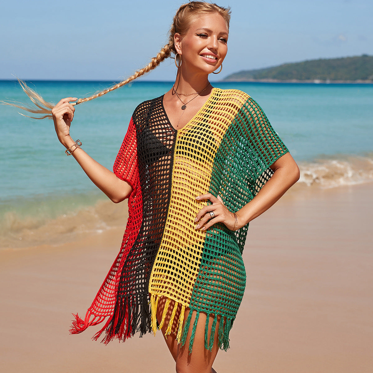 Hollow Knit Fringe Rainbow Hook Cover-Up Dress