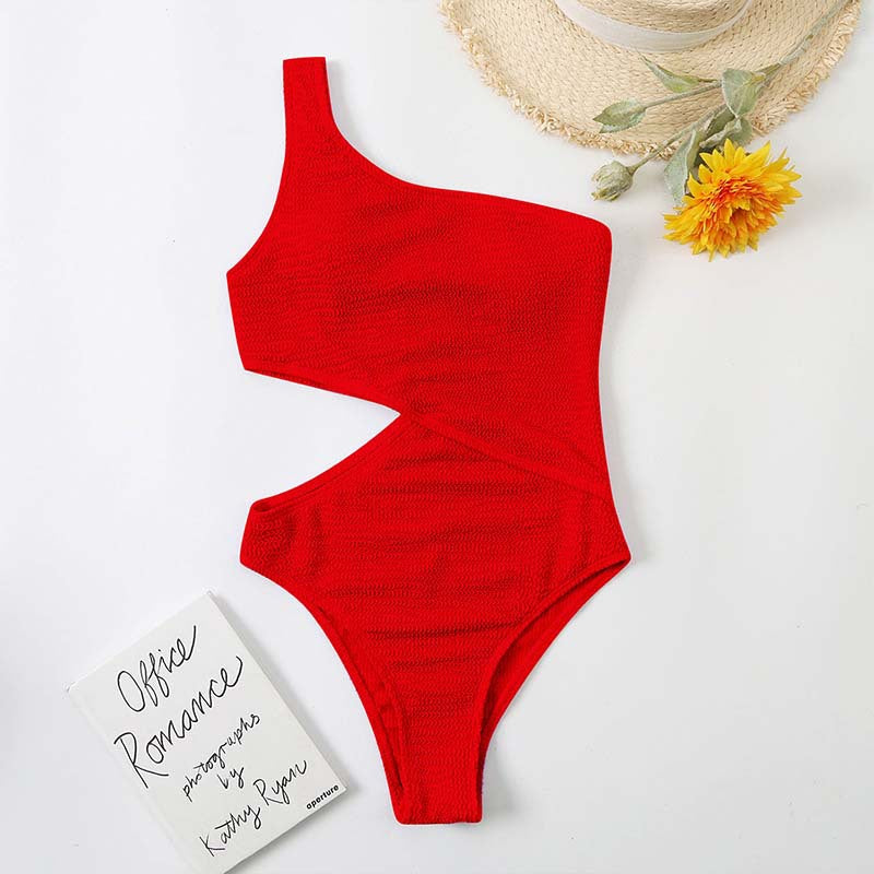 One Piece Bikini Solid Color One Shoulder Swimsuit