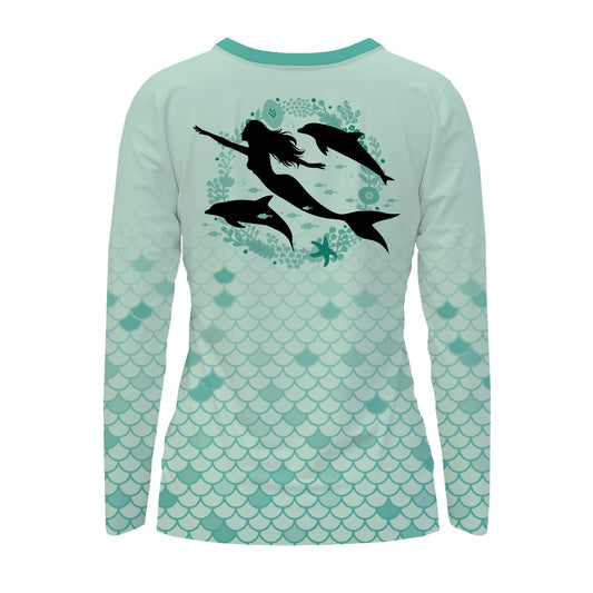 Women's Mermaid & Dolphins  Performance Long Sleeve Shirt with Mermaid Scale Background - Made in the USA