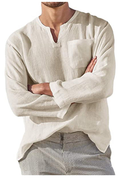 Long Sleeve V-neck Casual Beach Linen Shirts