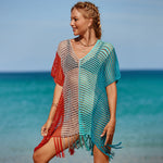 Hollow Knit Fringe Rainbow Hook Cover-Up Dress